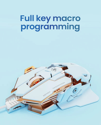 A white and gold mechanical gaming mouse on a light blue background, with the text "Full key macro programming" above it.