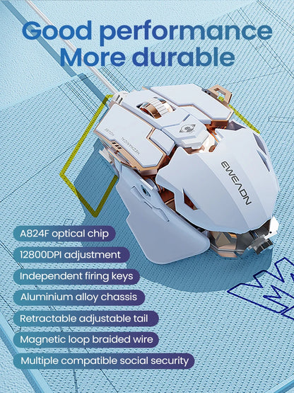 A white and rose gold EWEADN gaming mouse with a futuristic, angular design, shown on a textured blue surface.