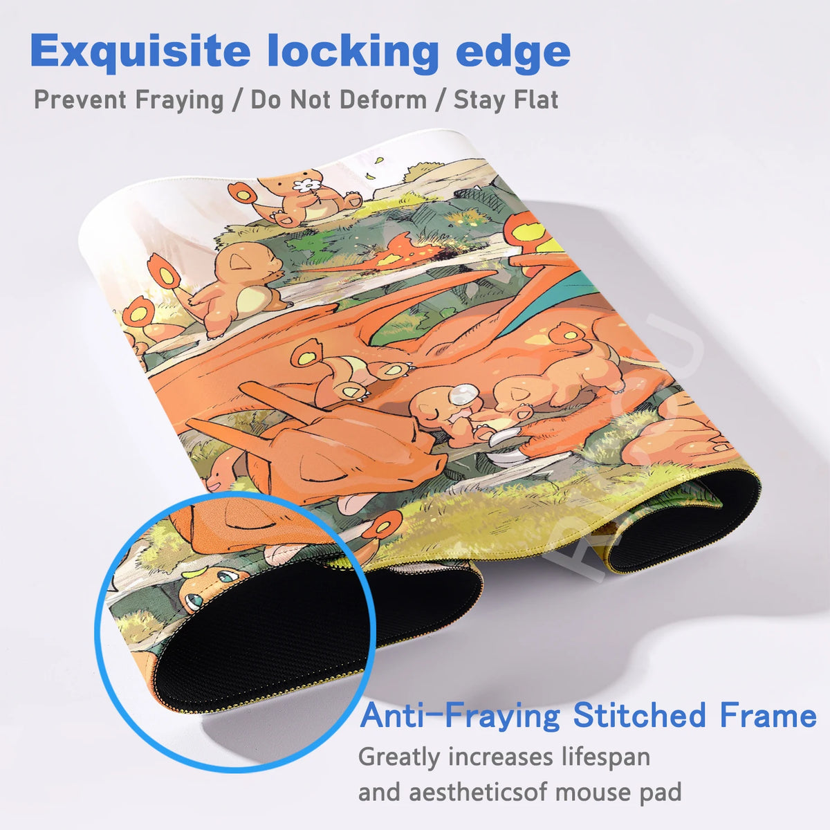 A rolled-up desk mat featuring Charizard in orange, with text about its stitched edges.