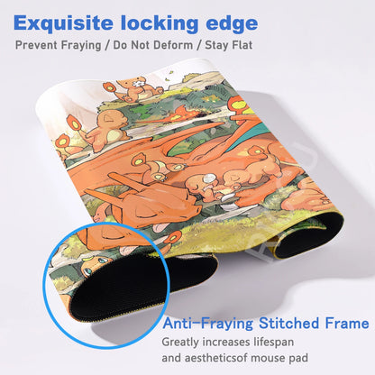 A rolled-up desk mat featuring Charizard in orange, with text about its stitched edges.