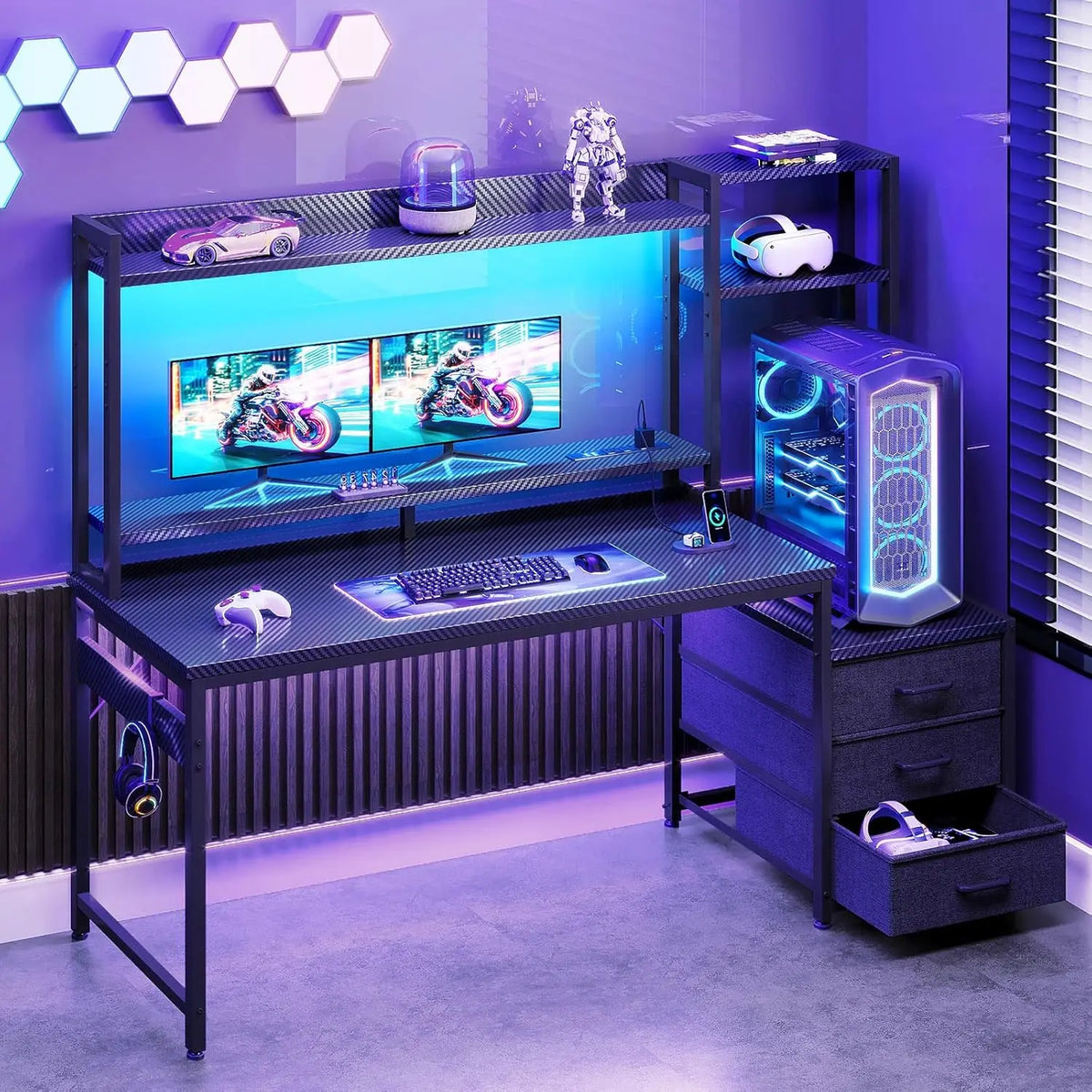 Casaottima 48-inch black gaming desk with LED lights, monitor hutch, three fabric drawers, and a PC tower.