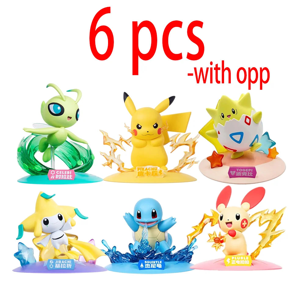 Six Pokémon action figures on stands: Celebi, Pikachu, Togepi, Jirachi, Squirtle, Plusle.