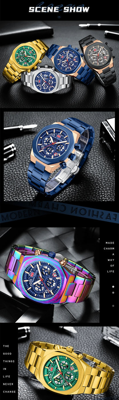 MINI FOCUS Motley Chronograph Quartz Watches Men Stainless Steel Business Sport Wristwatch with Luminous Hands Auto Date 0411