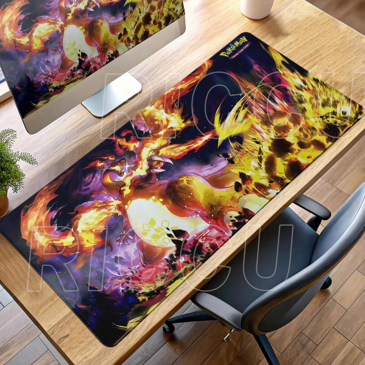 Large desk mat featuring Charizard in vibrant orange and yellow flames against a dark purple and black background.