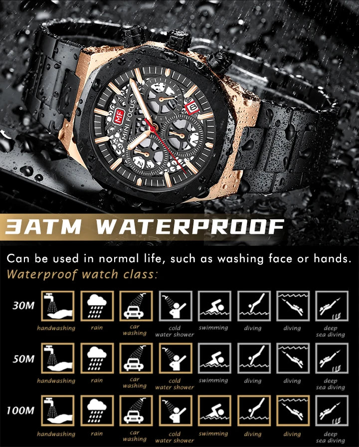MINI FOCUS Motley Chronograph Quartz Watches Men Stainless Steel Business Sport Wristwatch with Luminous Hands Auto Date 0411