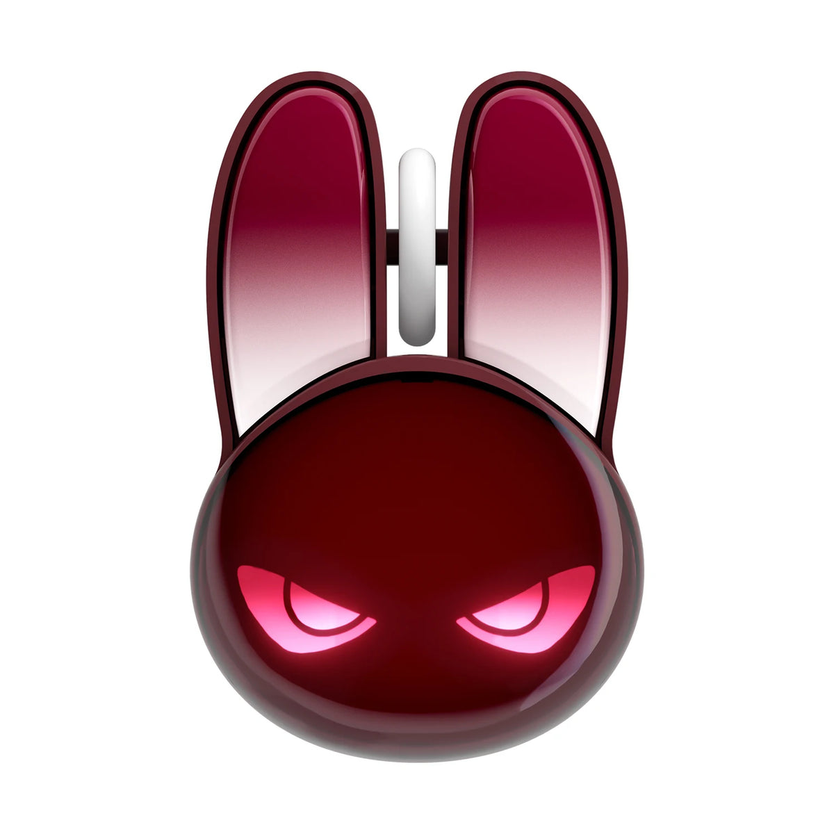 Black wireless rabbit-shaped mouse with glowing pink evil eyes and a white scroll wheel.