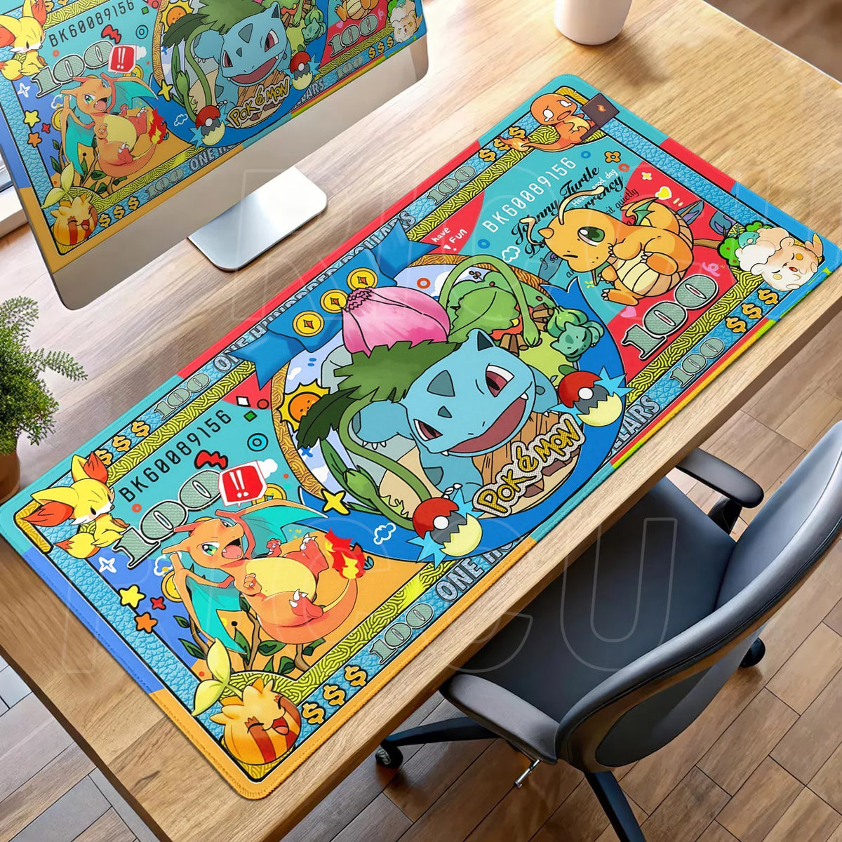 Colorful Pokémon-themed desk mat featuring banknote designs with Bulbasaur, Charmander, and other characters.