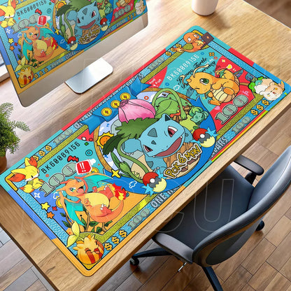 Colorful Pokémon-themed desk mat featuring banknote designs with Bulbasaur, Charmander, and other characters.