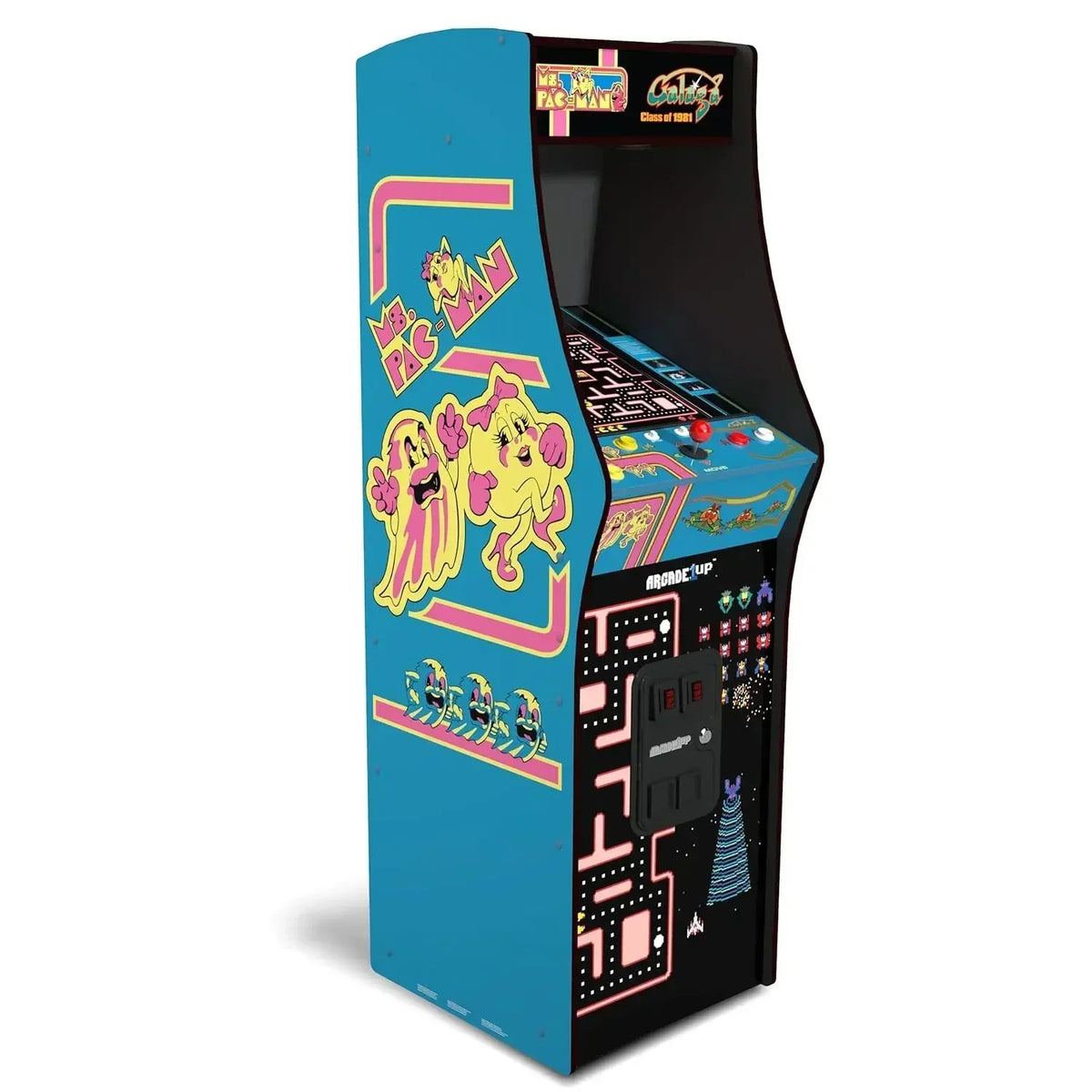 Class of 81 arcade machine with blue side panels, featuring Ms. Pac-Man graphics, joystick, and coin door.