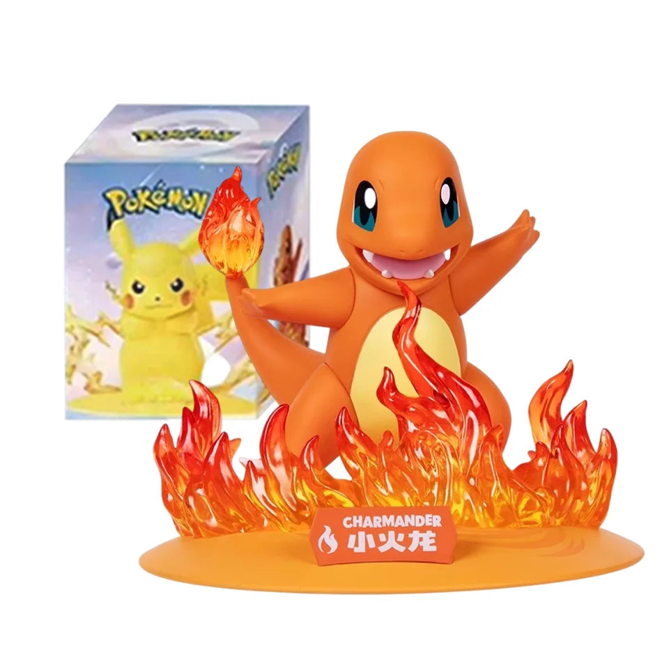 Charmander action figure on a fiery base with a matching box in the background.