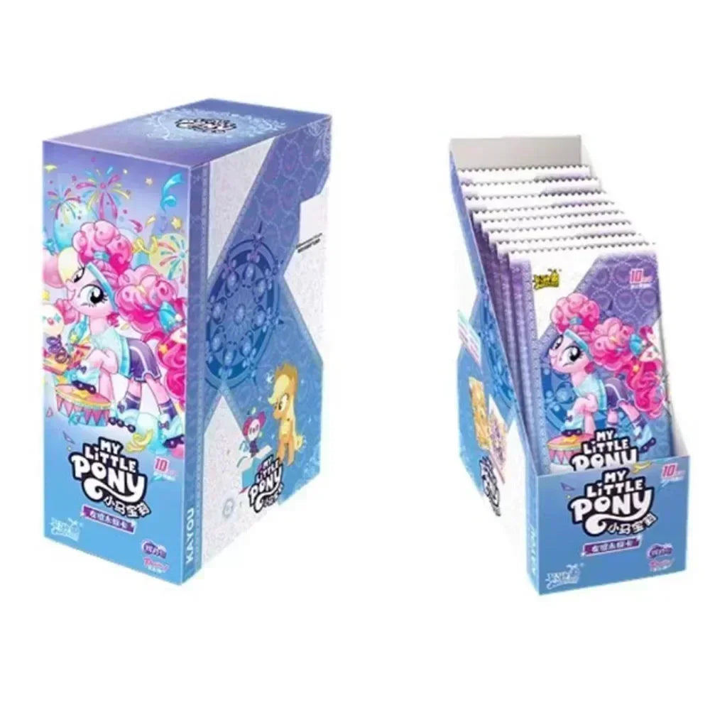 My Little Pony card booster box and open display box in blue and purple, featuring Pinkie Pie illustrations.