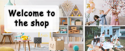 Collage showing a child's playroom with "Welcome to the shop" text, children celebrating, and an outdoor party.