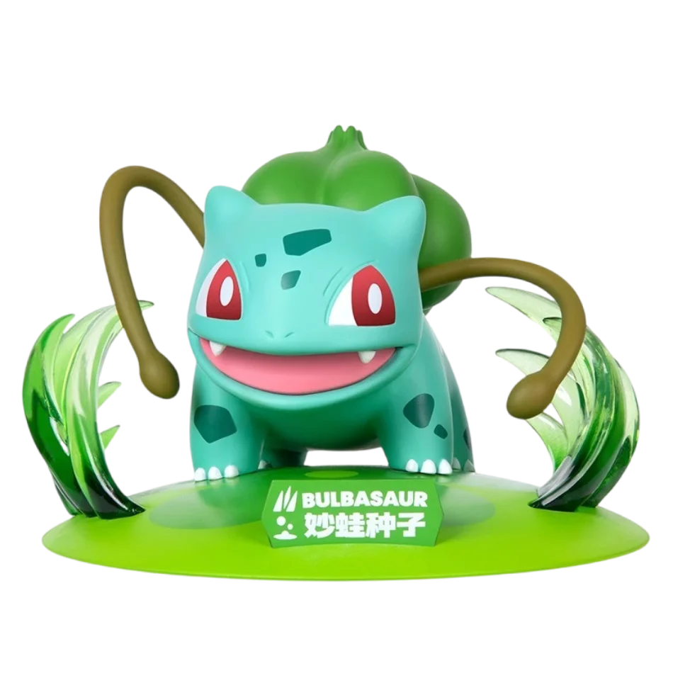 Bulbasaur action figure on a green base with vines and a label reading BULBASAUR 妙蛙种子.