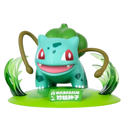 Bulbasaur action figure on a green base with vines and a label reading BULBASAUR 妙蛙种子.