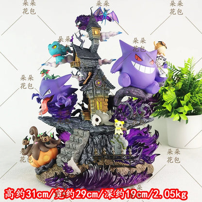 Colorful Gengar evolution figurine with a haunted house, purple flames, and surrounding Pokémon on a stone base.