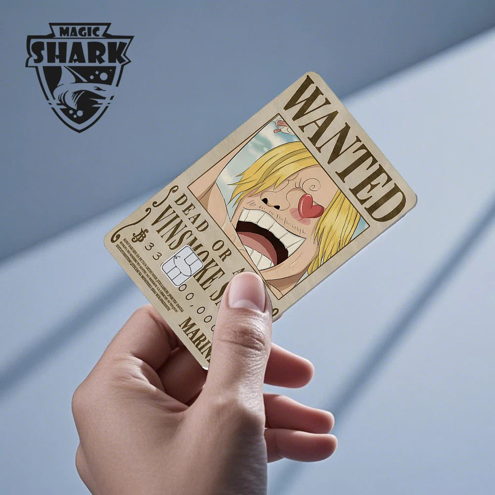 Tan credit card skin featuring a Wanted poster with "WANTED" at top and an anime character with blond hair.