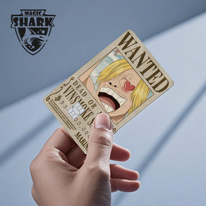 Tan credit card skin featuring a Wanted poster with "WANTED" at top and an anime character with blond hair.