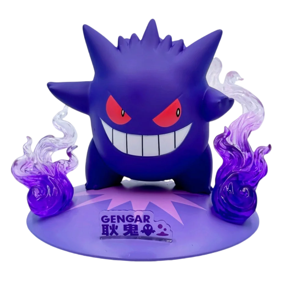Purple Gengar figurine with red eyes and a wide smile, flanked by translucent purple flames on a round base.