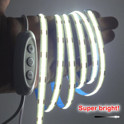 A glowing white COB LED strip is held in a hand, featuring an attached white in-line controller.