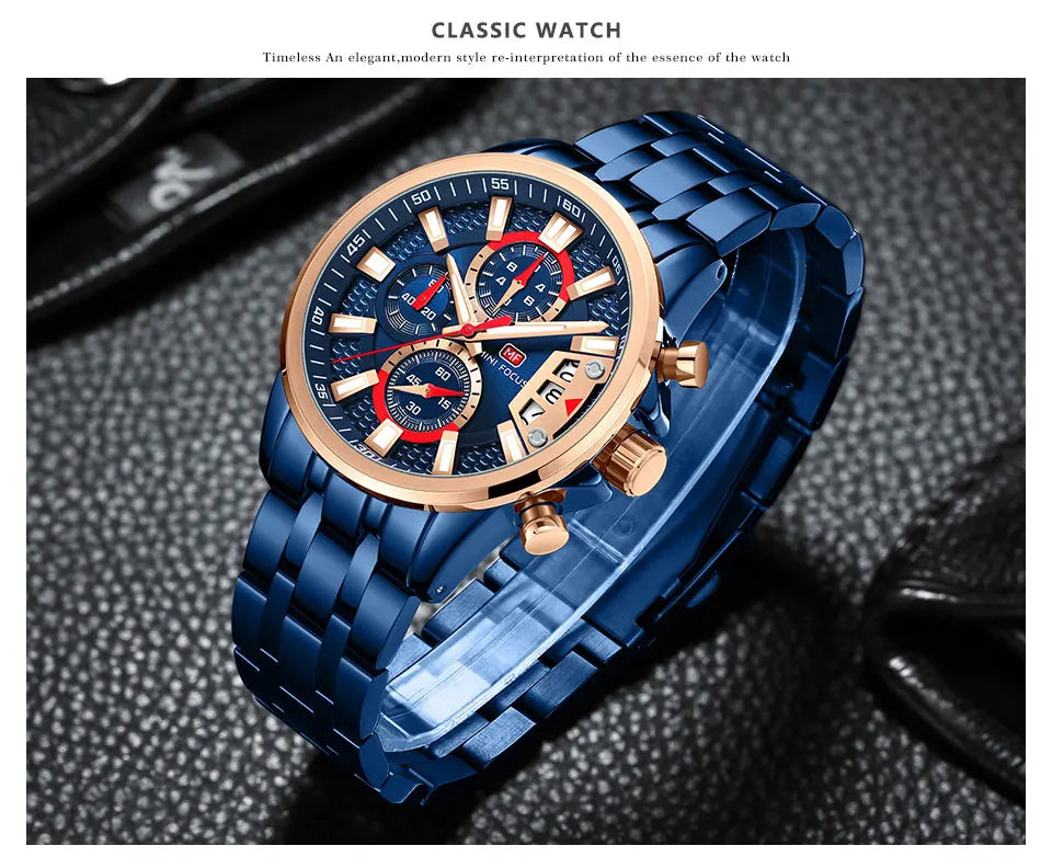 MINI FOCUS Motley Watches for Men Fashion Sport Chronograph Quartz Wristwatch with Date Luminous Hands Stainless Steel Strap Man