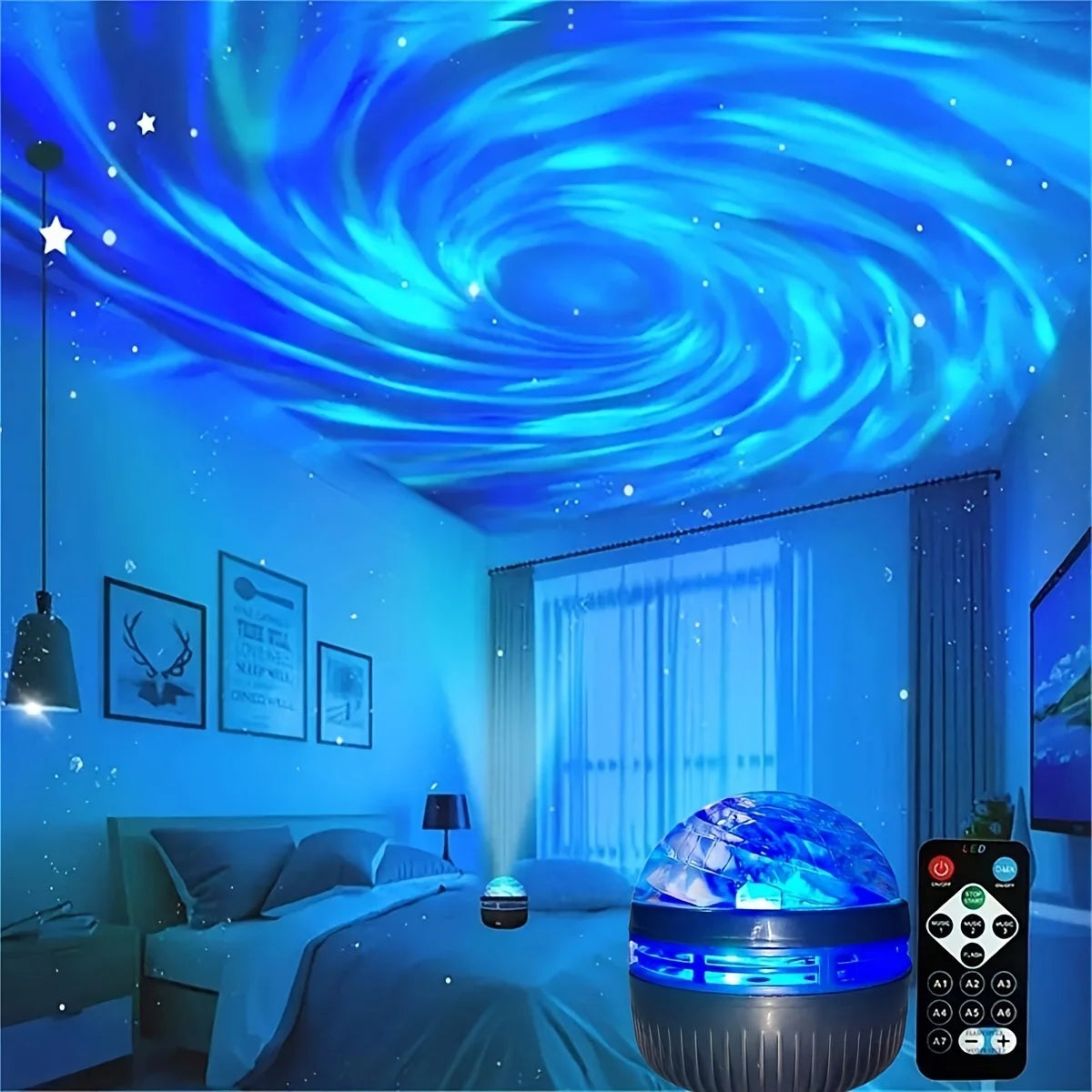 Blue galaxy projector on a bed in a blue-lit bedroom projects swirling blue light and stars onto the ceiling.