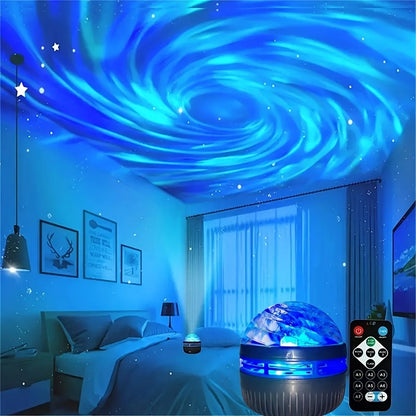 Blue galaxy projector on a bed in a blue-lit bedroom projects swirling blue light and stars onto the ceiling.