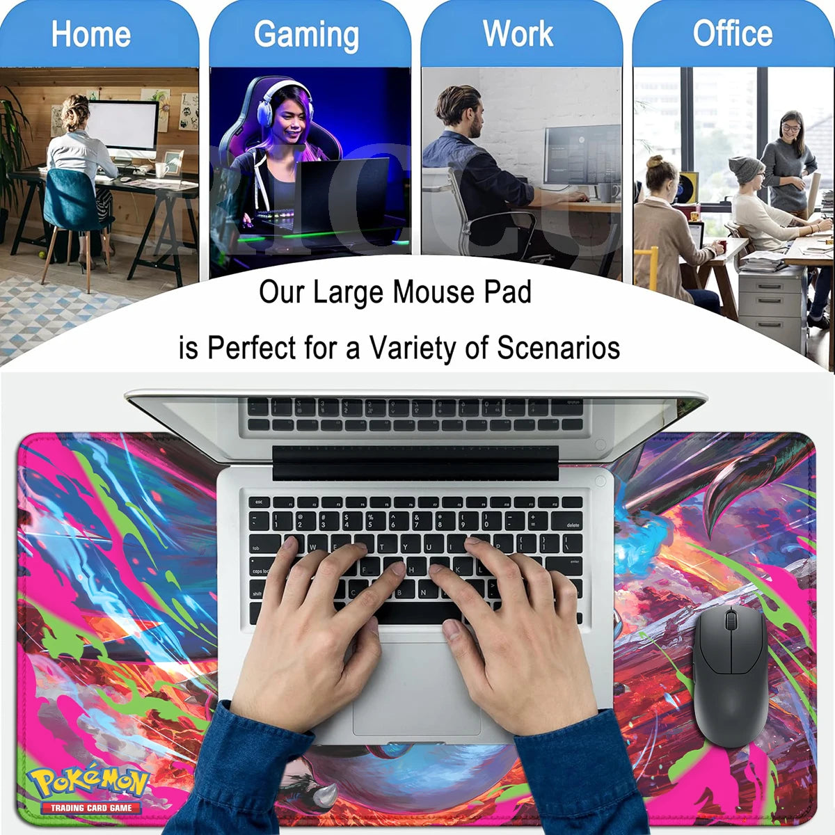 A colorful desk mat features neon pink, blue, and green splatters over a red and purple background.
