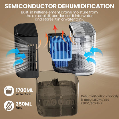 Exploded view of a portable dehumidifier showing the internal blue cooling fins, water tank, and airflow arrows.