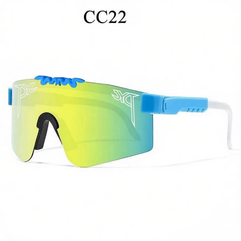 Sport sunglasses with yellow-to-blue gradient lenses, blue frames, white temples, and a black nose piece.