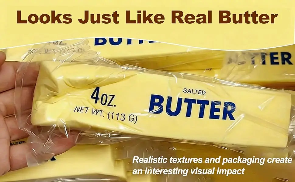 A hand holds a yellow stress toy styled as a 4oz stick of salted butter in clear plastic wrapping.