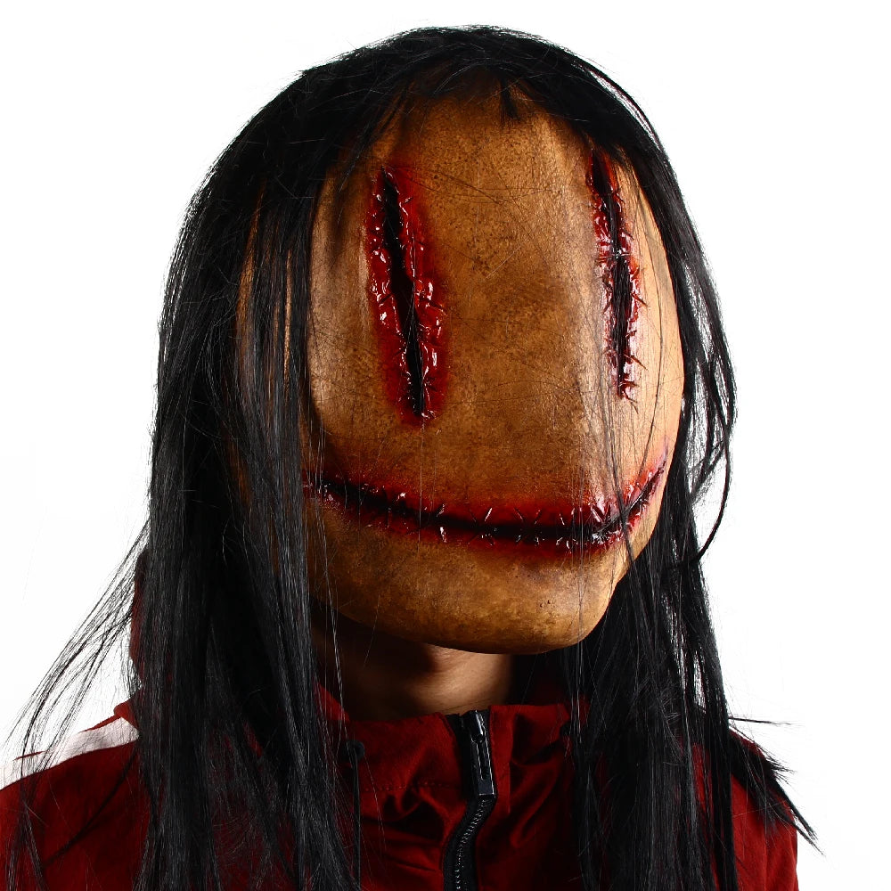 Halloween Horror Fancy Dress Party Mask Bloody lifelike Horror Smiley Cosplay Tricky Latex Pullover Mask With Hair Costume Props
