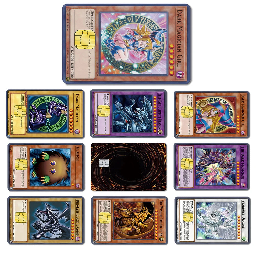 Ten anime-themed credit card skins featuring Yu-Gi-Oh characters like Dark Magician Girl and Blue-Eyes Ultimate Dragon.