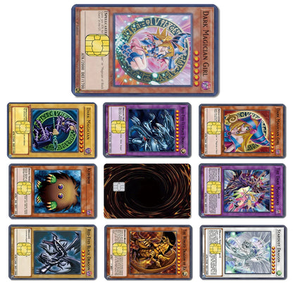 Ten anime-themed credit card skins featuring Yu-Gi-Oh characters like Dark Magician Girl and Blue-Eyes Ultimate Dragon.