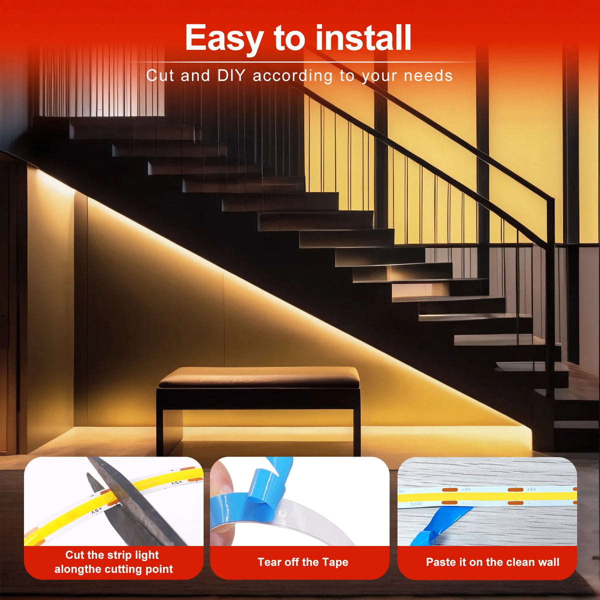 Warm LED strip light illuminates a staircase with a bench underneath, alongside three instructional cut, peel, and paste insets.