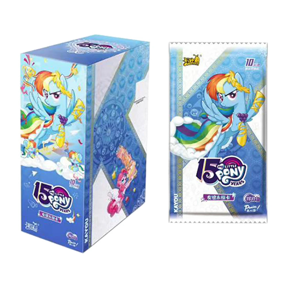 Blue My Little Pony trading card box and foil pack featuring Rainbow Dash and a 15 Years logo.
