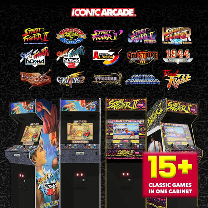 Four arcade cabinets with a black background display 15 Capcom game logos, including Street Fighter II and Final Fight.
