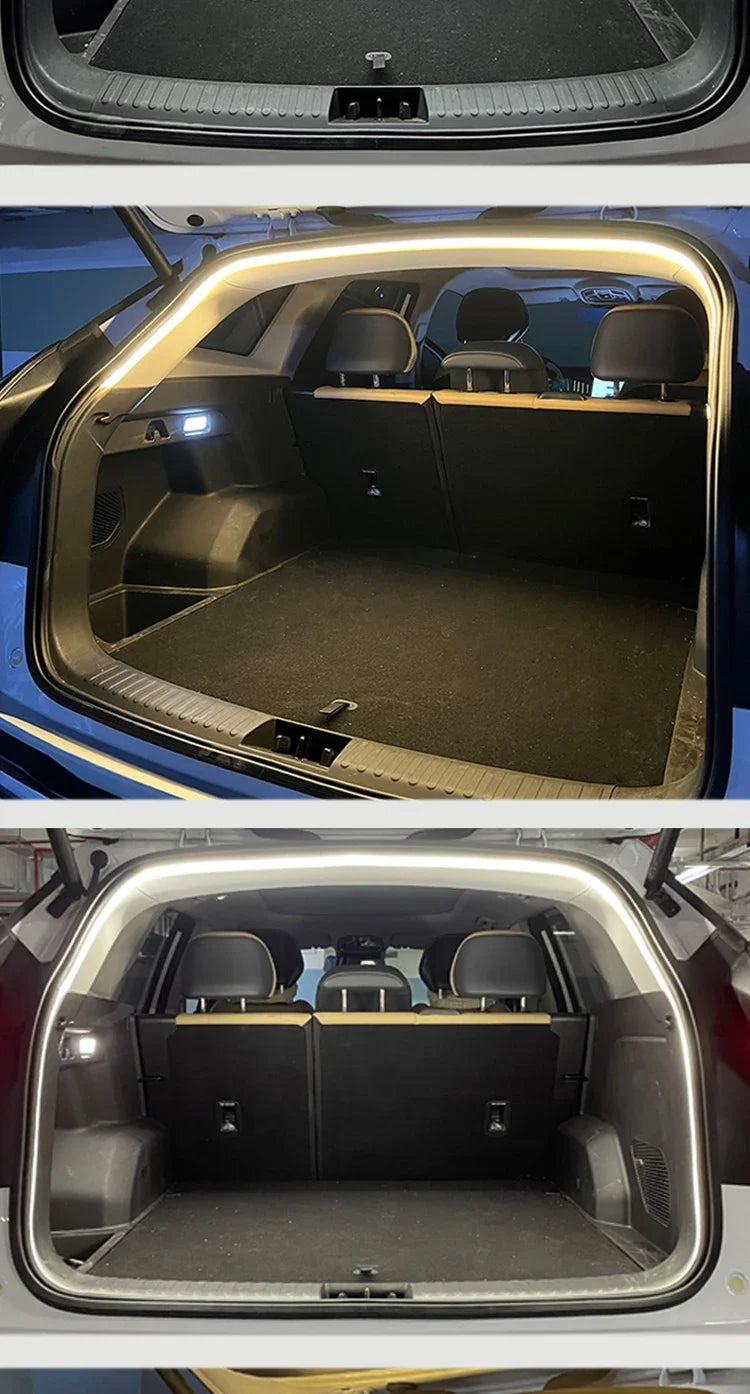 Flexible white LED strip light installed around the interior perimeter of a car's open trunk.