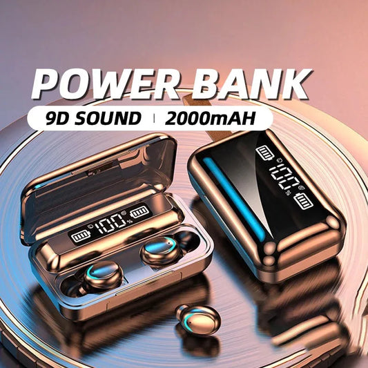 Rose gold wireless earbuds with a digital display charging case and a matching power bank.