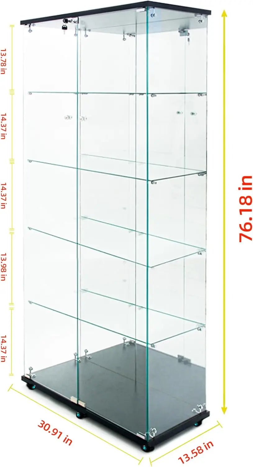 Tall 5-tier black glass display cabinet with double doors, wheels, and dimensional measurement overlays.
