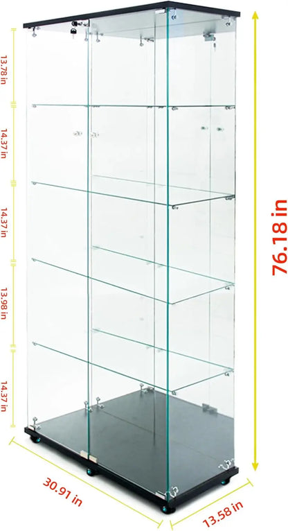 Tall 5-tier black glass display cabinet with double doors, wheels, and dimensional measurement overlays.