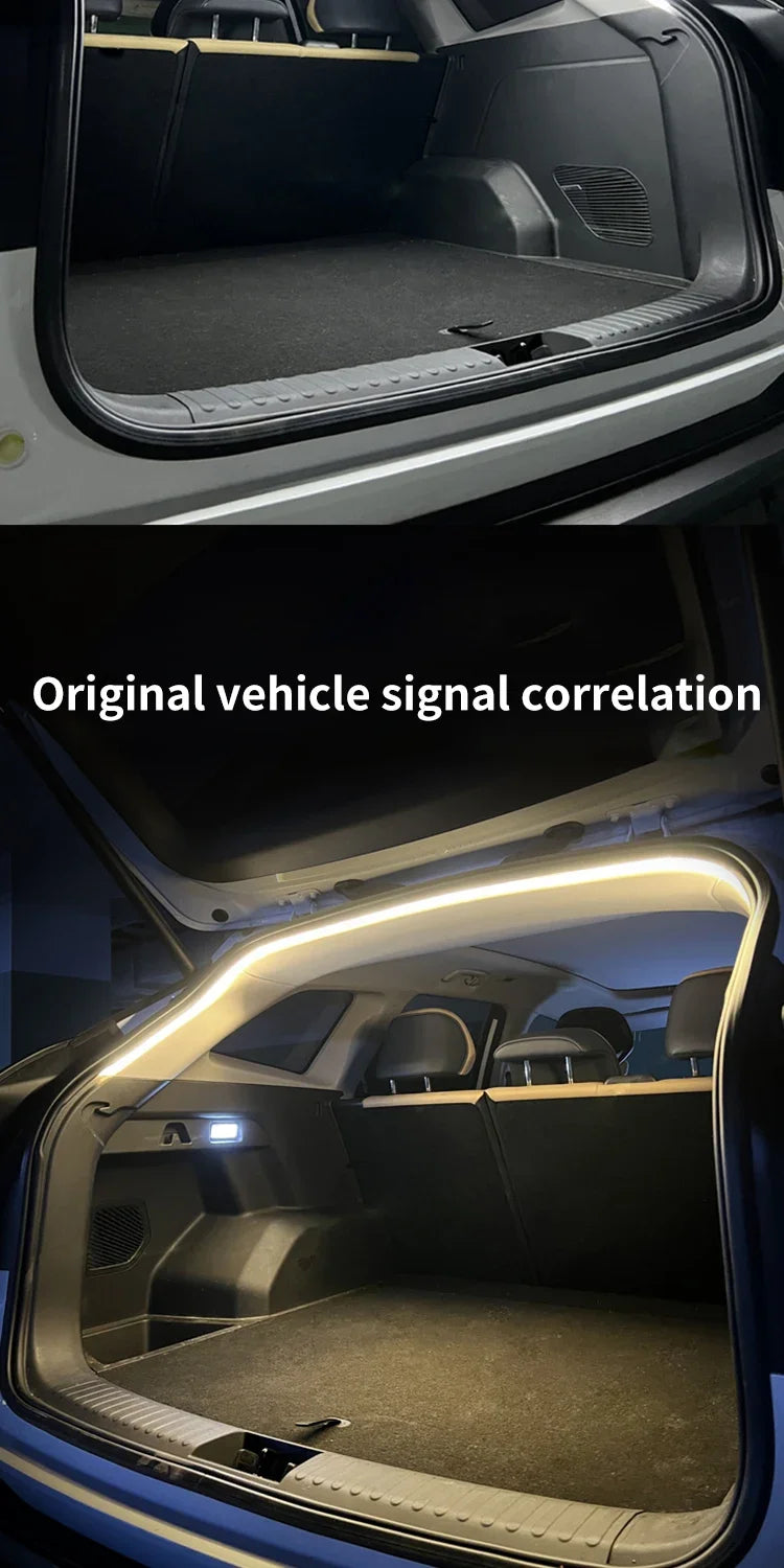 A split view of an SUV trunk, unlit on top and illuminated by a flexible LED light strip along the upper frame below.