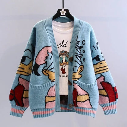 Spring/Autumn Cartoon-print Jacquard Jumper Loose-fitting Relaxed-fit Knitted Cardigan