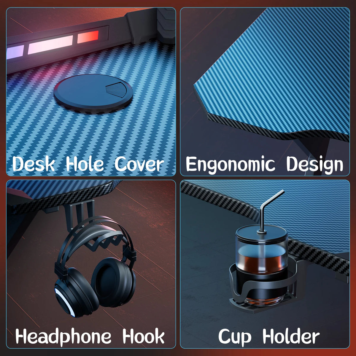 Four panels show a blue carbon-fiber gaming desk with a cord hole, ergonomic edge, headphone hook, and cup holder.