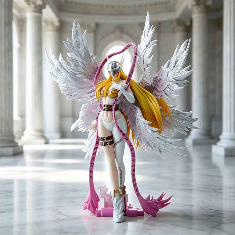 Angewomon anime figure with large white feathered wings, blonde hair, silver helmet, and a pink rune ribbon.