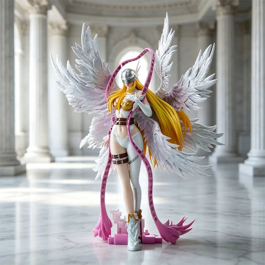 Angewomon anime figure with large white feathered wings, blonde hair, silver helmet, and a pink rune ribbon.
