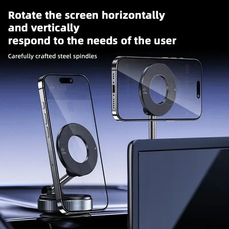 Two phones mounted vertically and horizontally on a black foldable magnetic car holder stand.