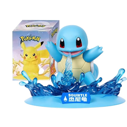 Blue Squirtle action figure spraying water, with a matching packaging box and a blue display base.
