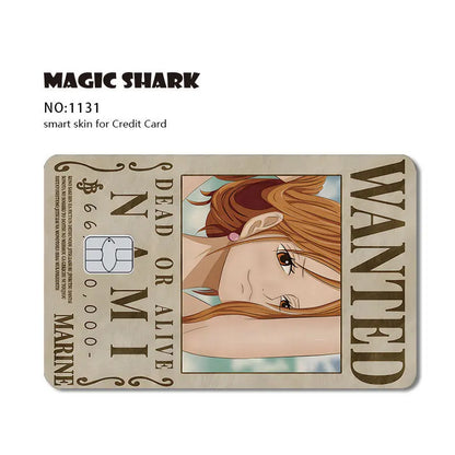 Beige card skin styled as a One Piece Nami wanted poster with "WANTED" and "DEAD OR ALIVE NAMI".