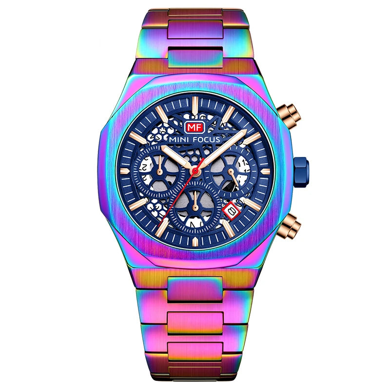 MINI FOCUS Motley Chronograph Quartz Watches Men Stainless Steel Business Sport Wristwatch with Luminous Hands Auto Date 0411