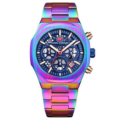 MINI FOCUS Motley Chronograph Quartz Watches Men Stainless Steel Business Sport Wristwatch with Luminous Hands Auto Date 0411